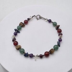 Vtg Bracelet Garnet Tigers Eye Amethyst Jade Lapis Lazuli Quartz Sterling Silver